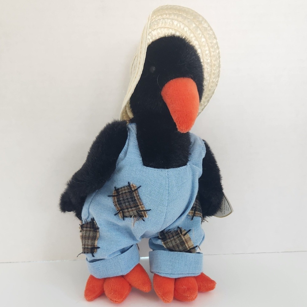 Ty Beanie Buddy Caw the Crow Plush Bird with Straw Hat and Overalls 9 inch